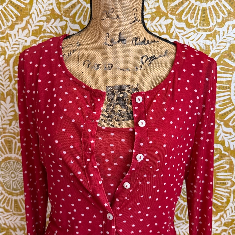 Free People Twosie For One Mesh Top Set in Berry Combo Polka Dot/Star Print Sz L - Picture 6 of 10